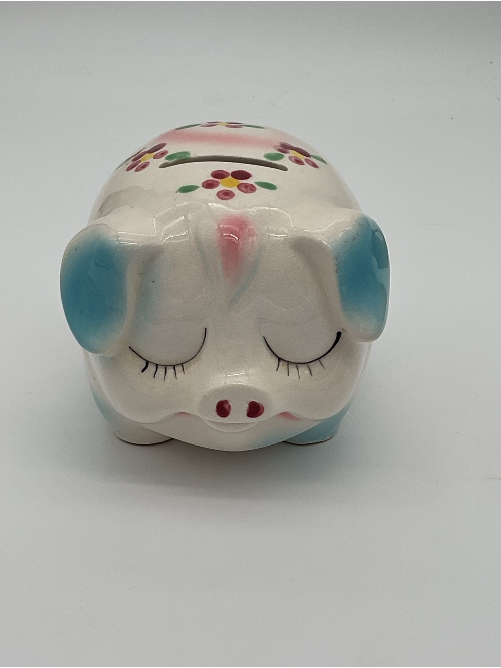 Vintage Ceramic Piggy Bank in White with Blue and Pink Accents - missing stopper